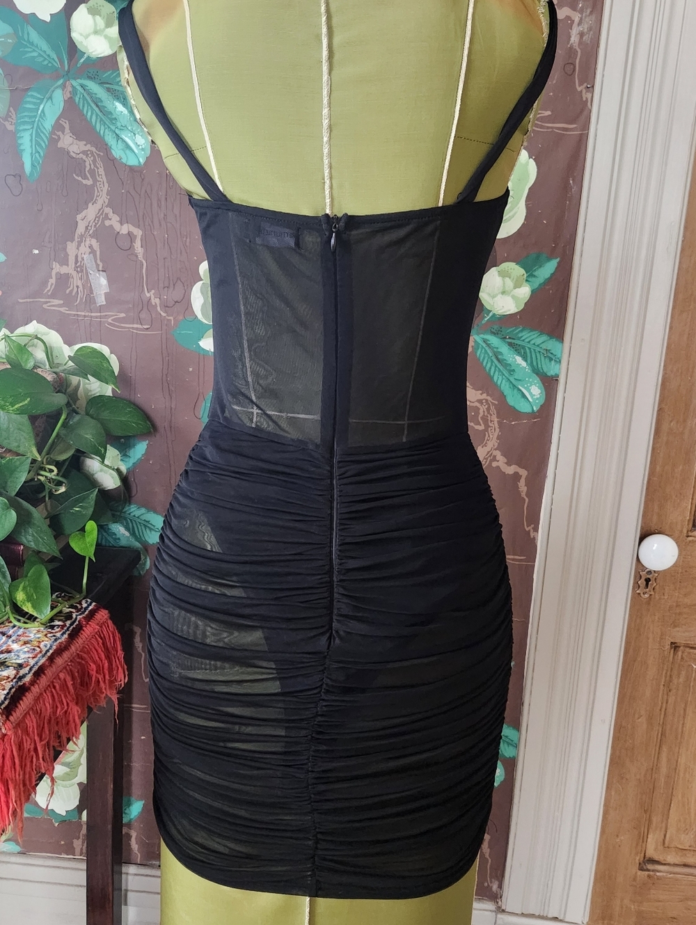 PrettyLittleThing Black Mesh Corset Bodycon Mini Dress Ruched Sheer Bustier 6 - Picture 5 of 10